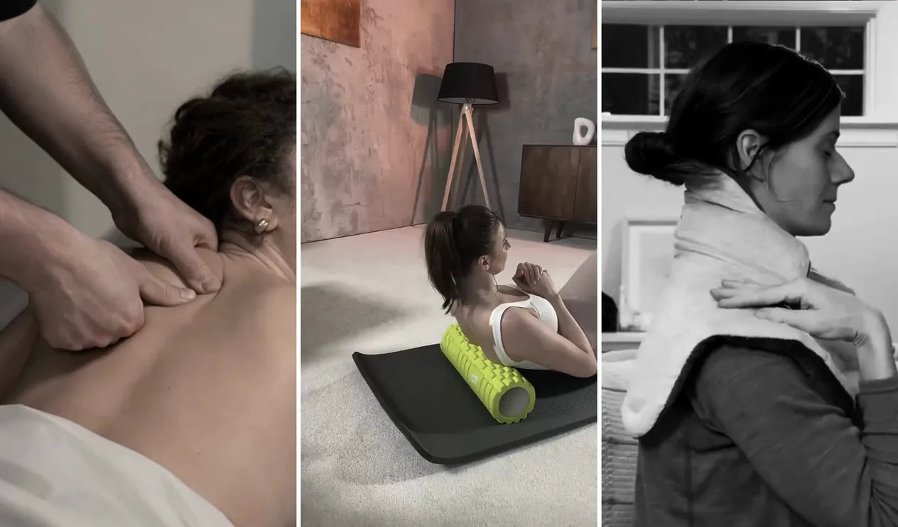 A massage on the shoulders; a foam roller under the upper back; a heating pad over the shoulders
