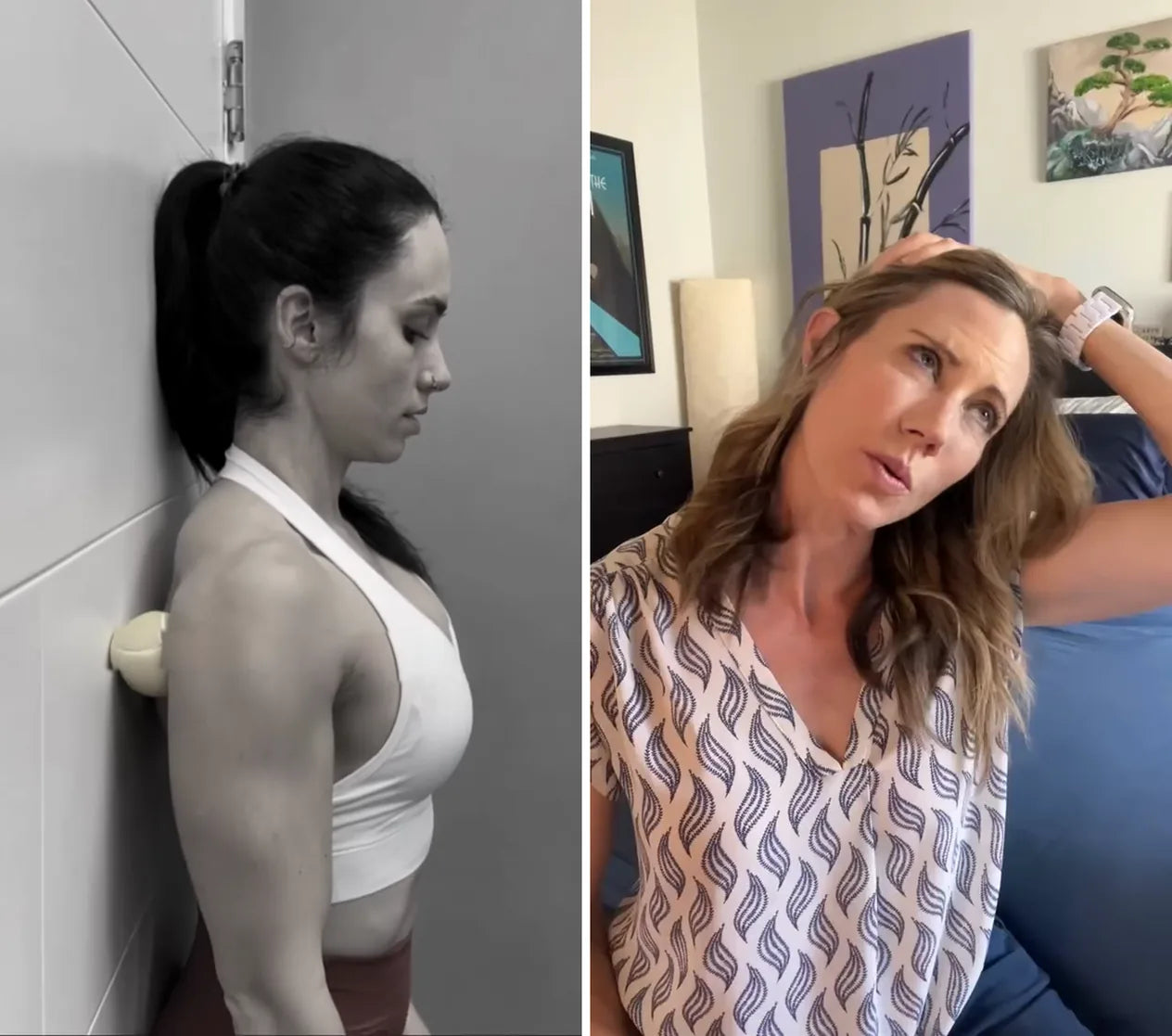 A tennis ball pressed into the spot against the wall; stretching the neck in the morning