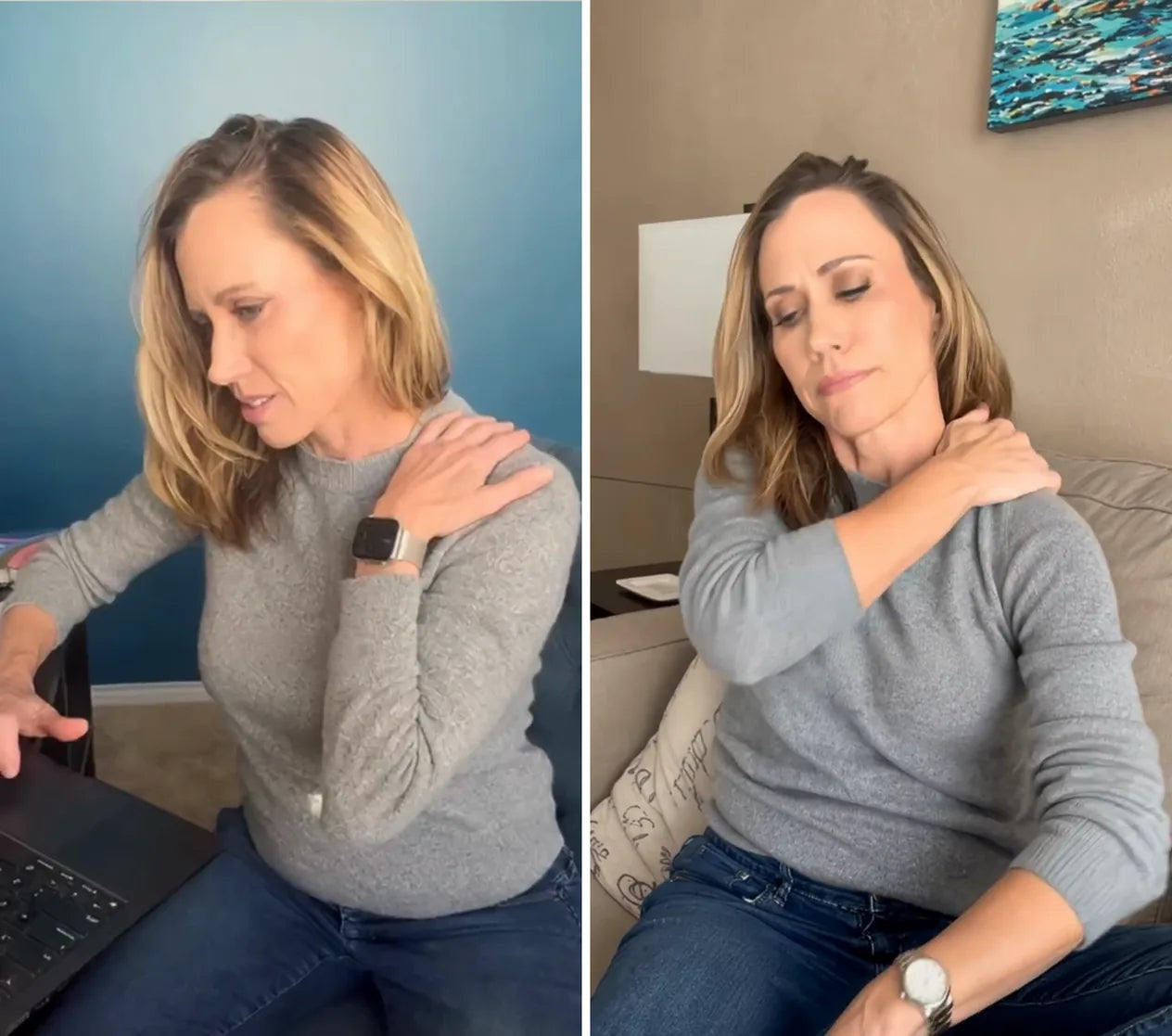 At her desk and on her sofa, her hand on the sore spot where the neck meets the shoulder