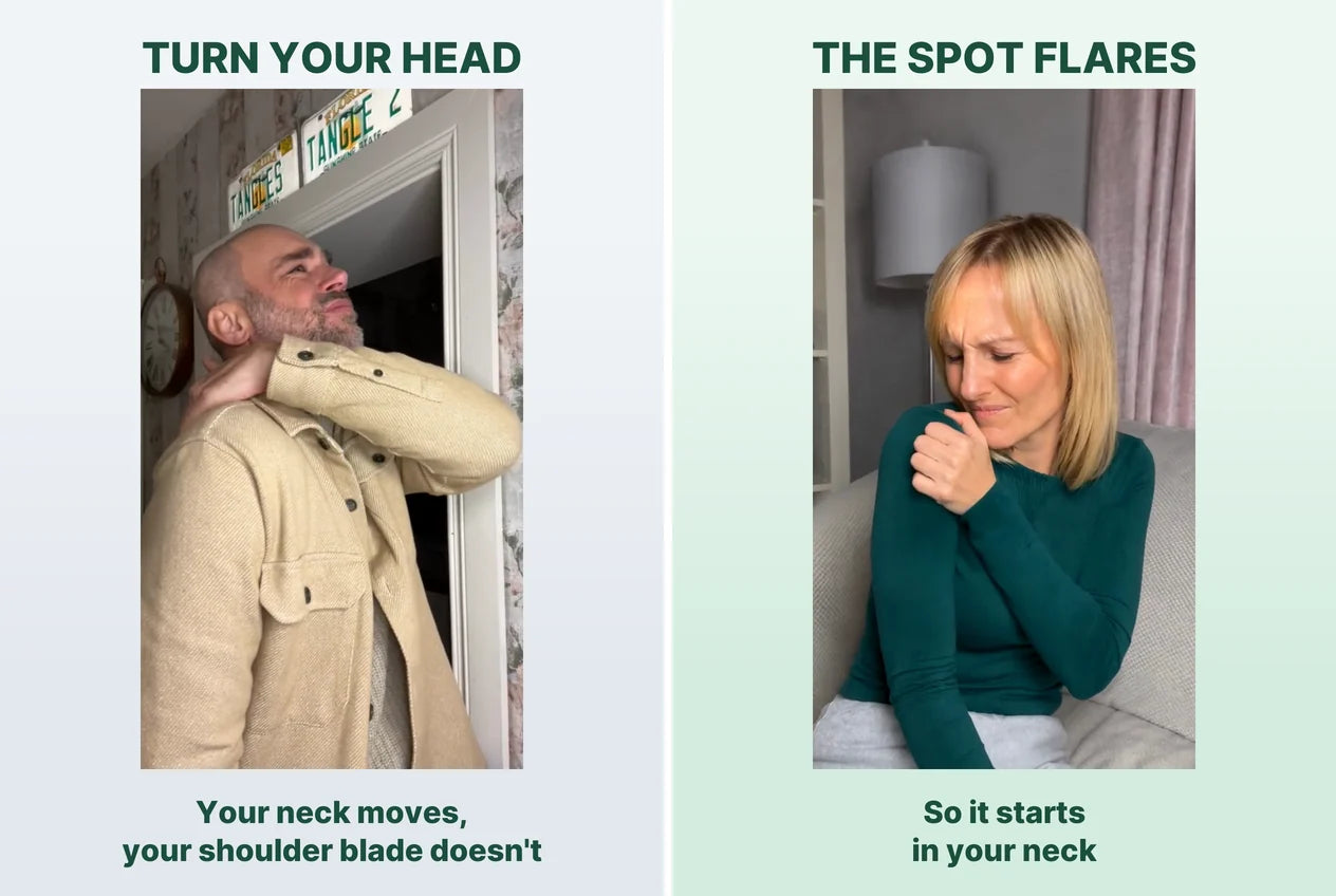 He turns his head with a hand on his neck; she holds the spot as it flares