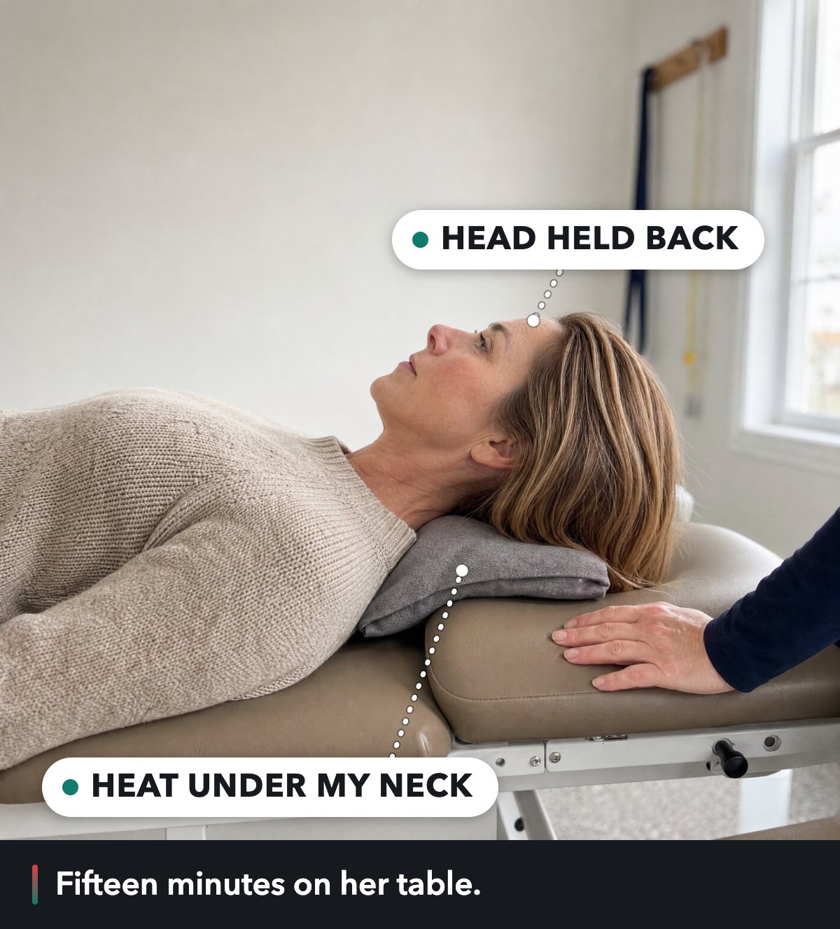 She lies on her back on a padded treatment table, her head tipped back on the headrest and a heat pack under her neck, labelled head held back and heat under my neck.