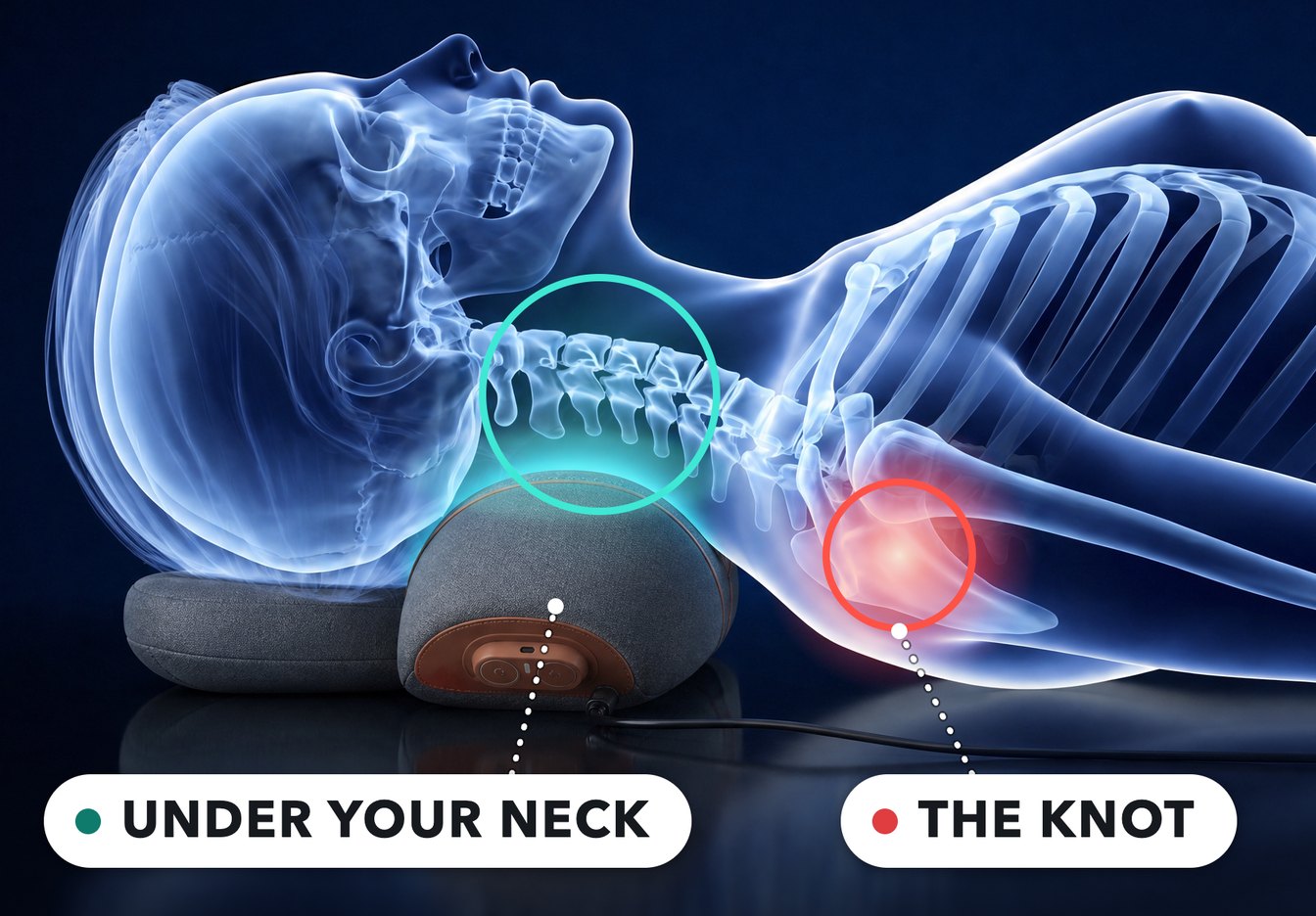 X-ray style illustration of a woman lying on her back, seen from the side, with the FisioRest under her: the neck roll under her neck and the low cushion under the back of her head, labelled under your neck, and a red ring on the knot at her shoulder blade, well away from the device, labelled the knot.