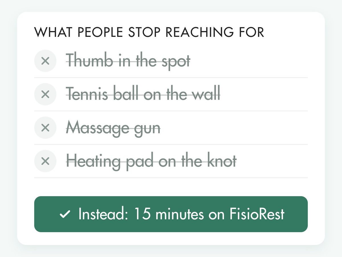What people stop reaching for: a thumb in the spot, a tennis ball on the wall, a massage gun, a heating pad on the knot. Instead: 15 minutes on FisioRest.
