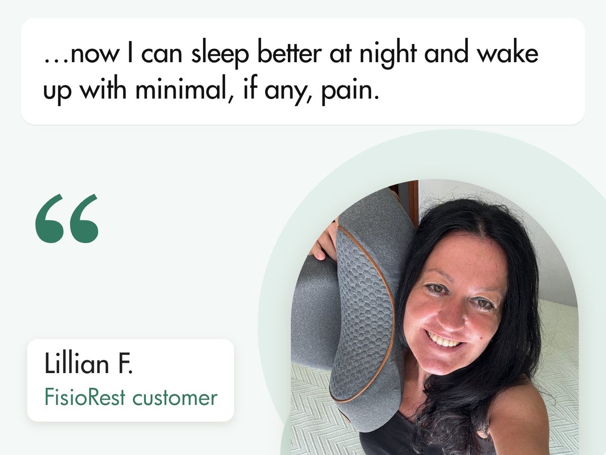 Lillian F., a FisioRest customer, holding the device, with her words: now I can sleep better at night and wake up with minimal, if any, pain.