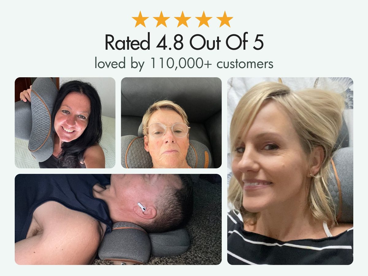 Customer photos of people lying back on the FisioRest under the heading rated 4.8 out of 5, loved by 110,000+ customers.