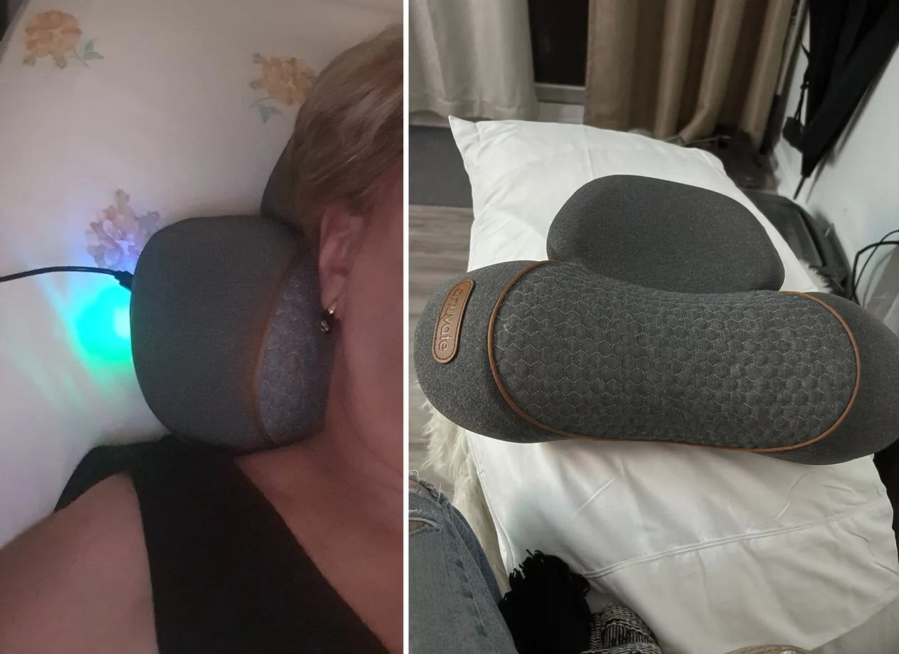 Customers' own photos: FisioRest under the neck; FisioRest on the bed