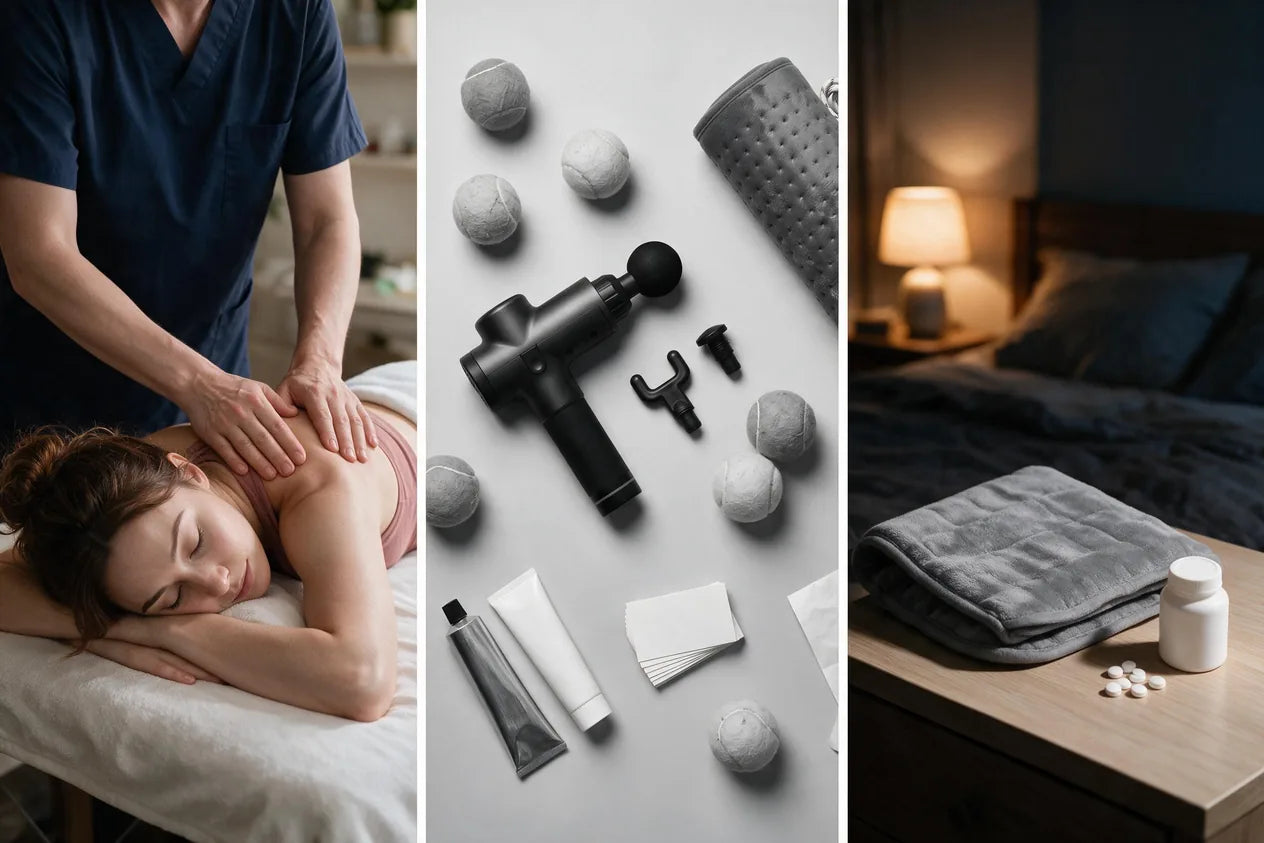 A massage on the shoulders; a foam roller under the upper back; a heating pad over the shoulders