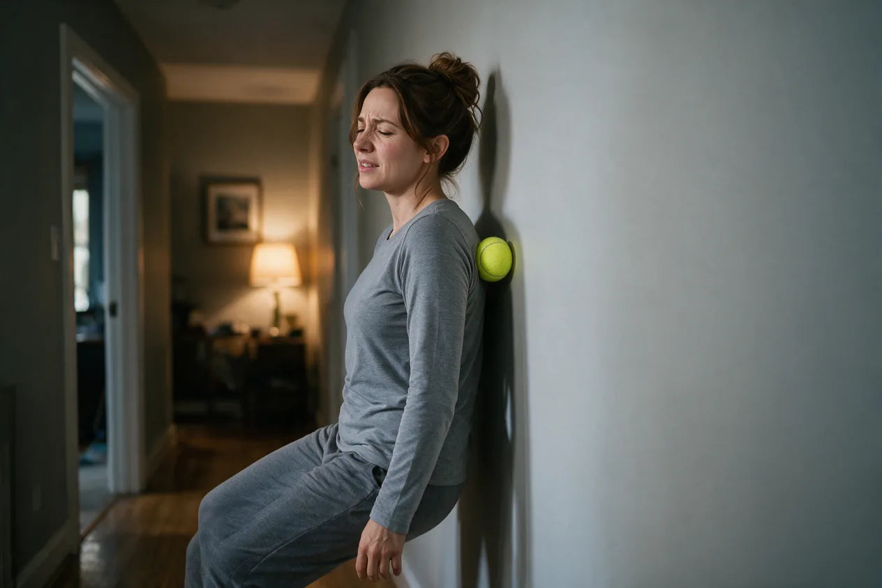 A tennis ball pressed into the spot against the wall; stretching the neck in the morning