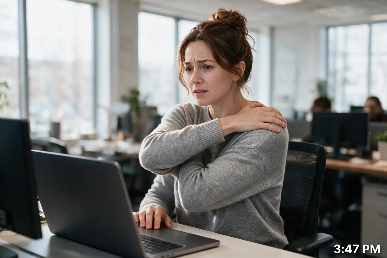 At her desk and on her sofa, her hand on the sore spot where the neck meets the shoulder