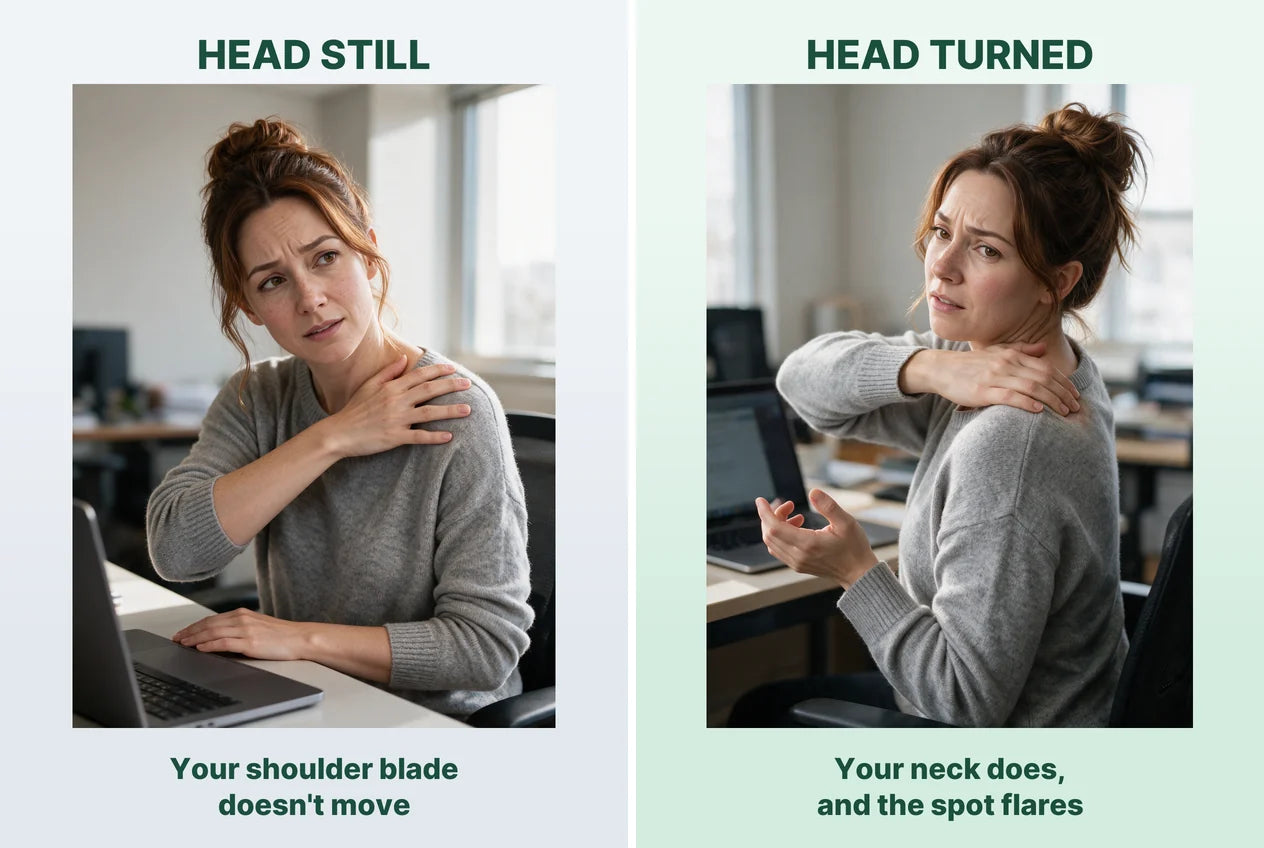 He turns his head with a hand on his neck; she holds the spot as it flares