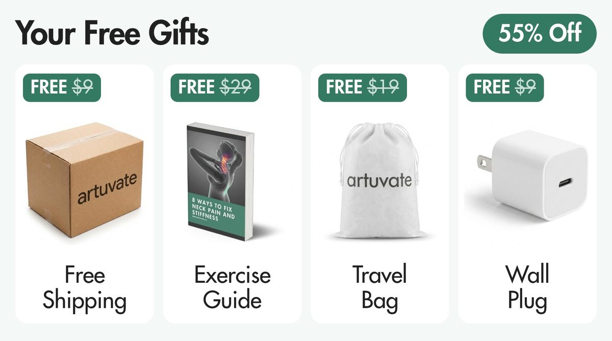 Your free gifts: free shipping ($9 value), a neck exercise guide ($29 value), a travel bag ($19 value) and a wall plug ($9 value).