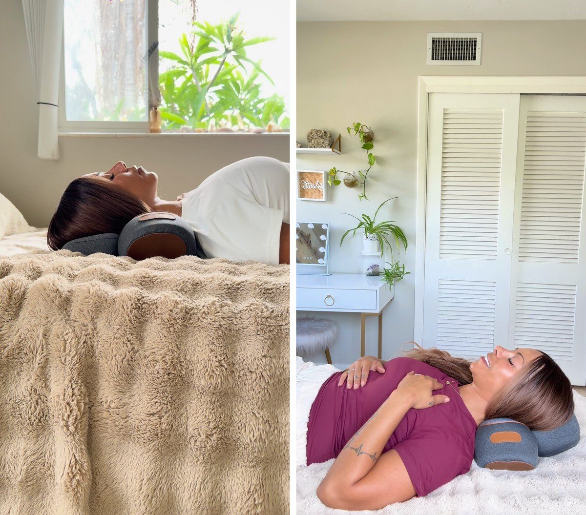 Two women lying back on FisioRest at home, the device under the neck