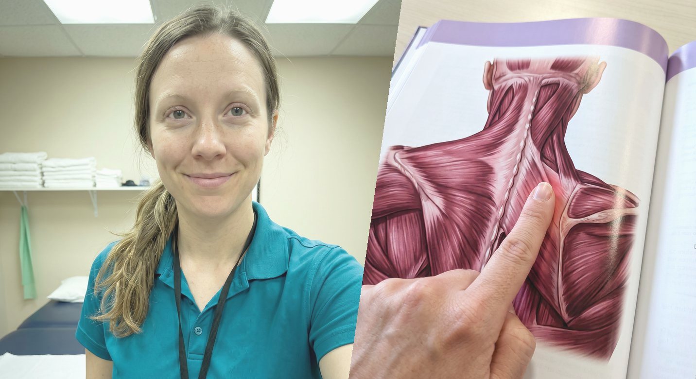 Left, a physiotherapist in a treatment room, photographed on her own phone. Right, an anatomy textbook open at the muscles of the upper back, with her fingertip pressed on the inner edge of the right shoulder blade and a red flush under it.