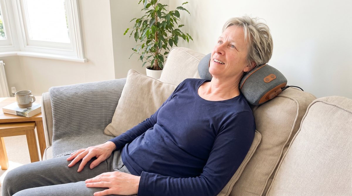 Sitting back on her daughter's sofa with the FisioRest behind her neck, head tipped back, eyes open, looking more comfortable than she expected.