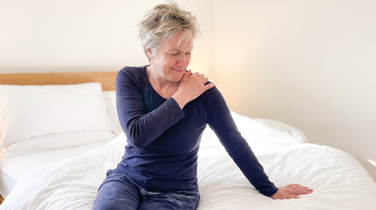 The next morning on the edge of the bed, reaching over her shoulder to press the spot at the inner edge of her right shoulder blade.