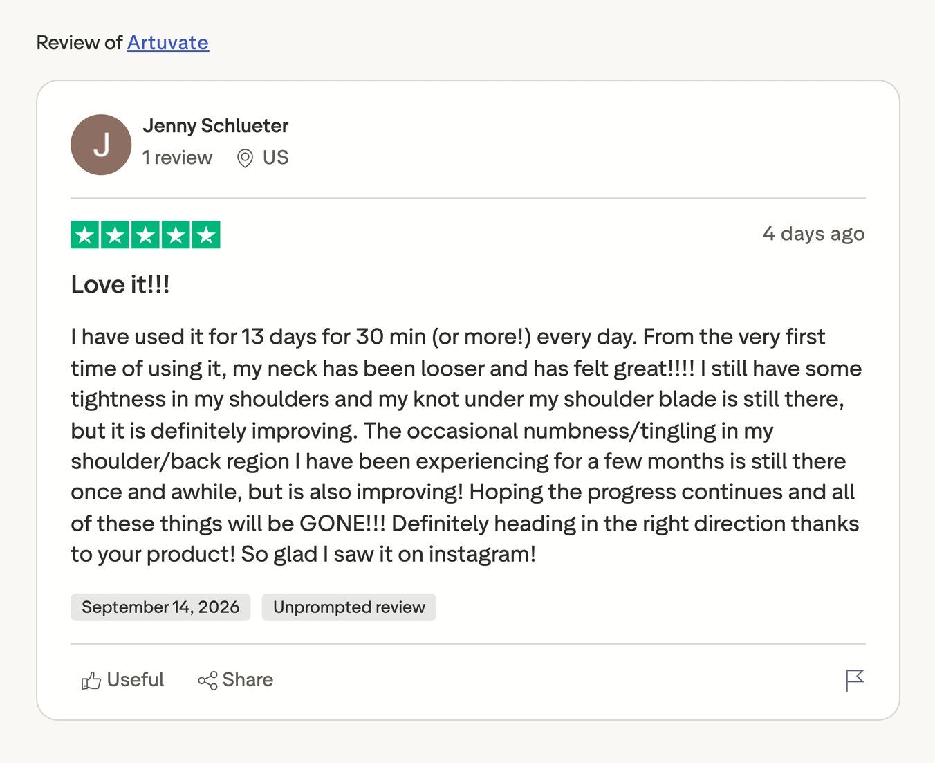 Jenny Schlueter, five stars: after thirteen days her neck feels looser, the knot under her shoulder blade is still there but definitely improving.