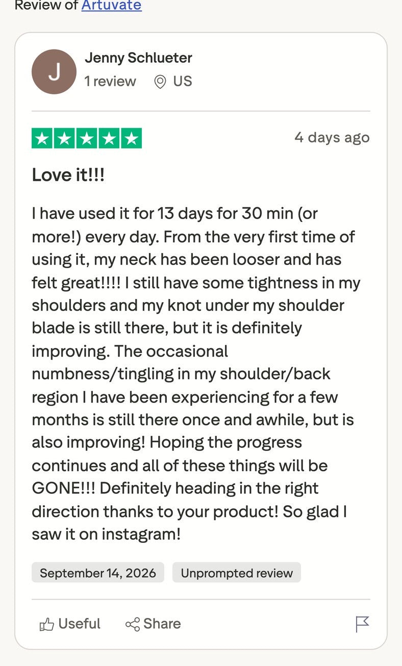 Jenny Schlueter, five stars: after thirteen days her neck feels looser, the knot under her shoulder blade is still there but definitely improving.