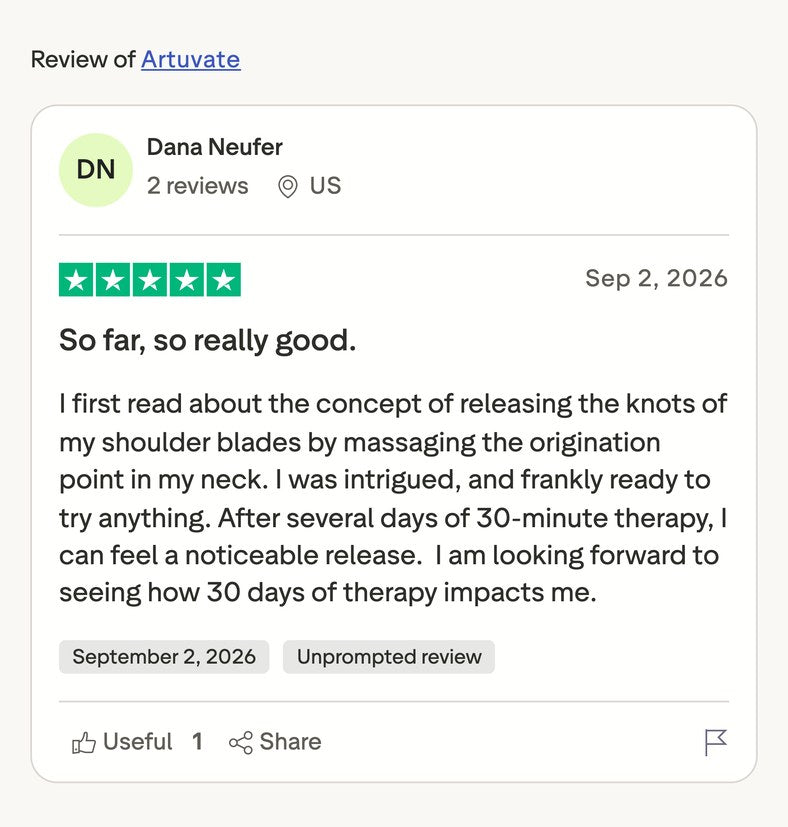 Dana Neufer, five stars: she read about releasing the knots in her shoulder blades by massaging the origination point in her neck, and after several days of thirty minute sessions she can feel a noticeable release.
