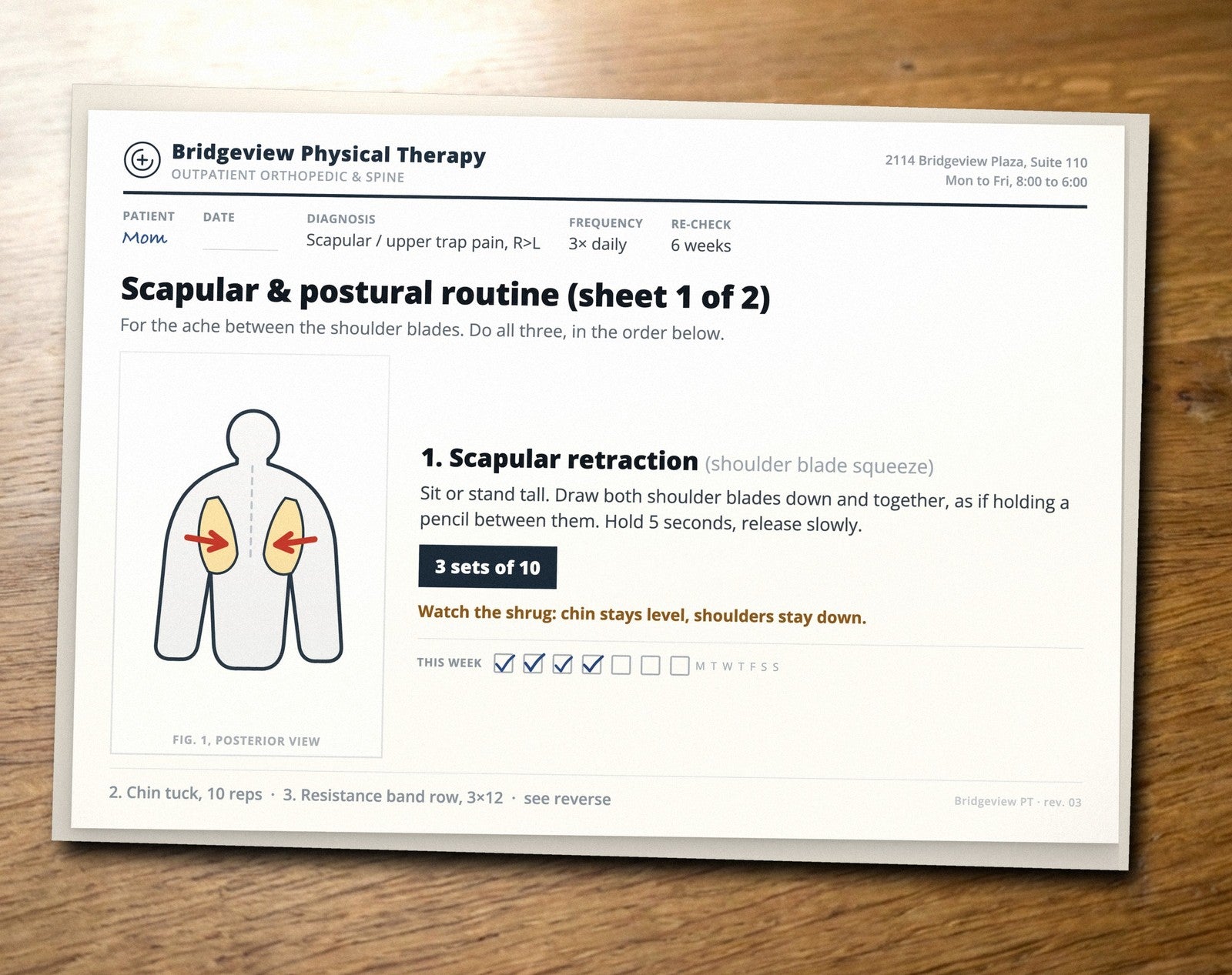 The home exercise sheet her daughter's clinic gave her, photographed on the kitchen counter: a printed handout for scapular retraction, chin tucks and a band row, the patient line filled in by hand and a run of checked-off days from actual use.