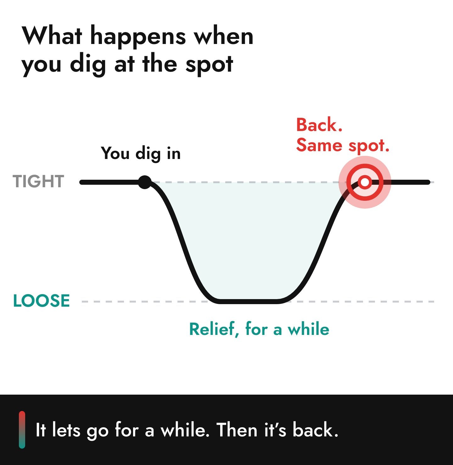 A curve of how tight the muscle feels over time: tight, then loose for a while after you dig in, then back to tight at the same spot. An illustration, not measured data.