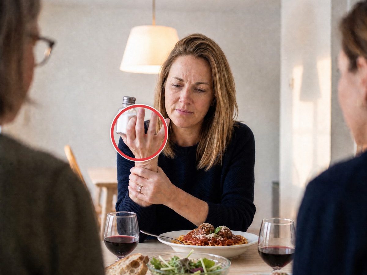 Una donna a cena che tiene una saliera, le dita cerchiate in rosso, l'altra mano che stringe il polso.