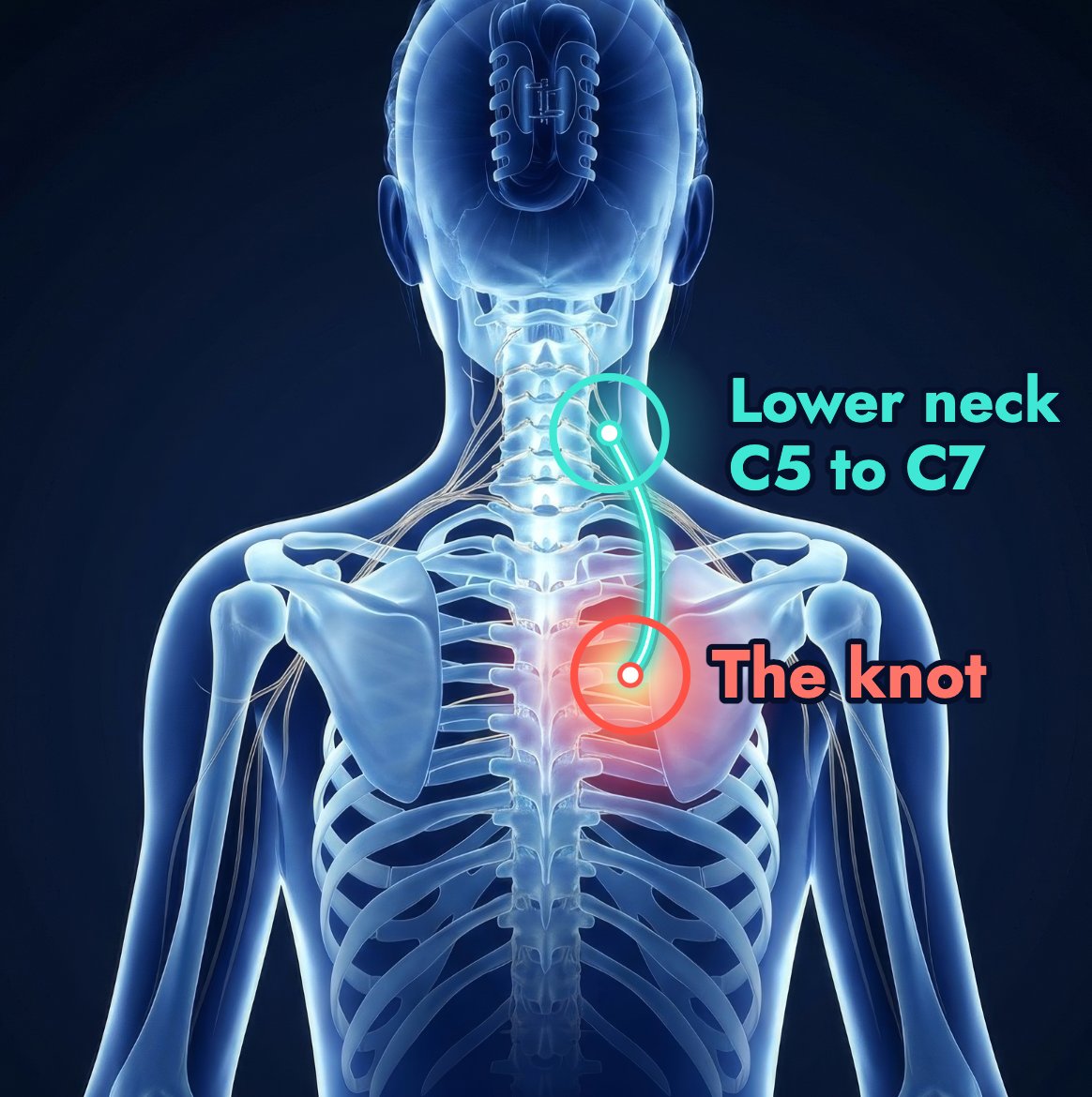 X-ray style illustration of a woman's neck and upper back from behind. A nerve pinched in the lower neck, C5 to C7, runs down to the knot beside the inner edge of the right shoulder blade.