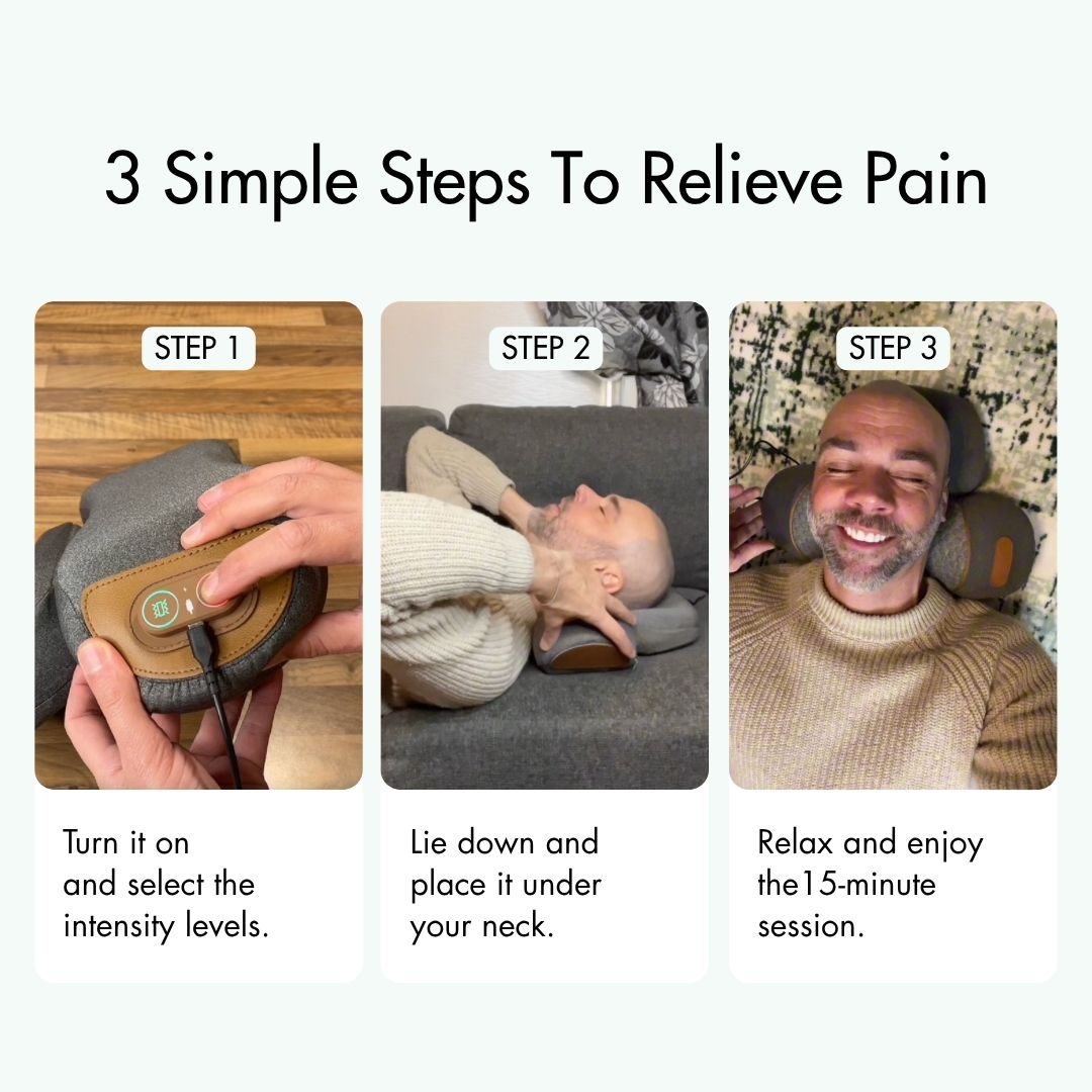 Three simple steps: turn it on, lie down with it under your neck, relax for the 15-minute session.