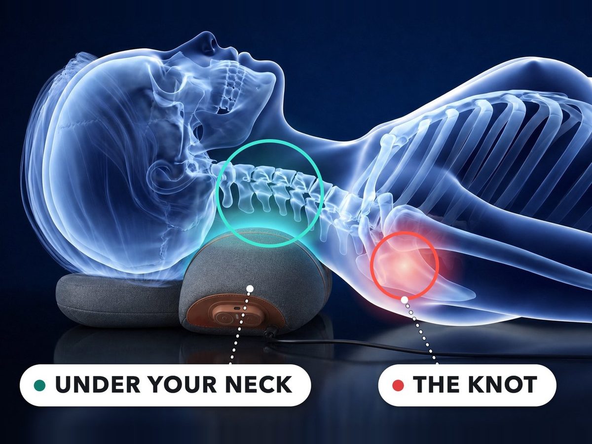 Illustration: FisioRest under the neck, labelled under your neck, and the knot at the shoulder blade, labelled the knot.