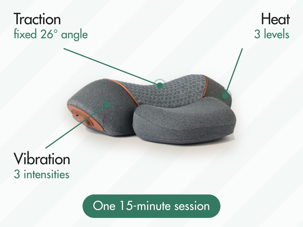The FisioRest with its three therapies labelled: traction at a fixed 26 degree angle, heat at 3 levels, vibration at 3 intensities, in one 15-minute session.