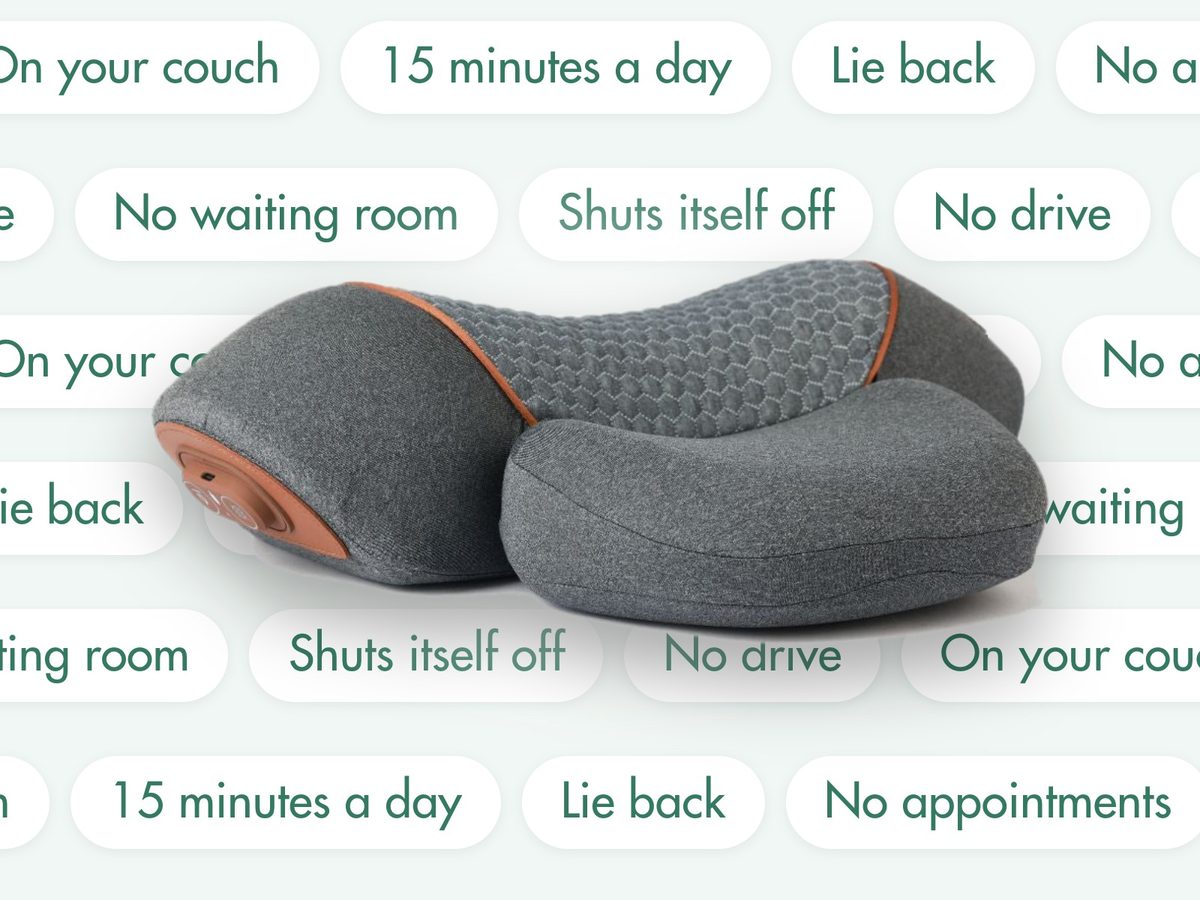 The FisioRest on a green background surrounded by labels: 15 minutes a day, lie back, no appointments, at home, no waiting room, no drive, shuts itself off.