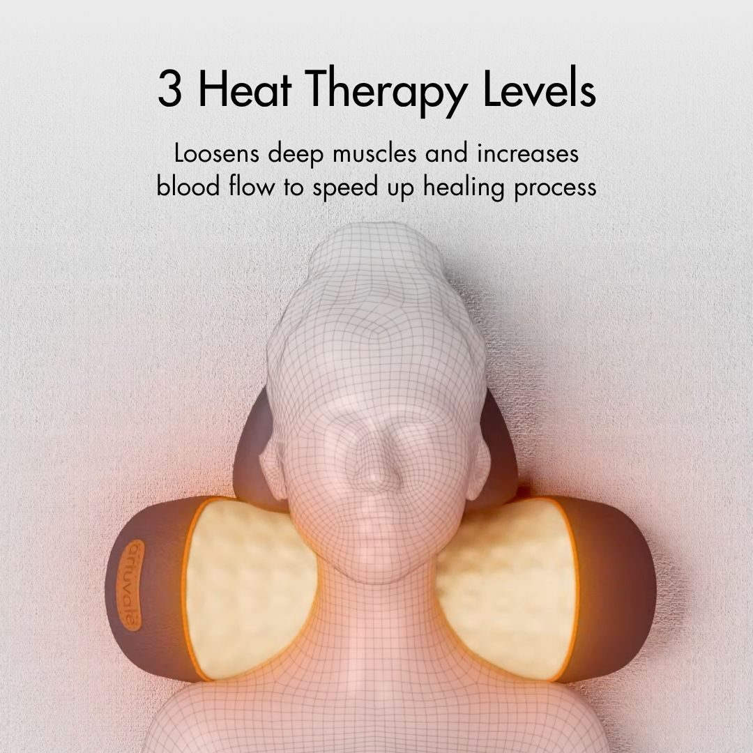 3 heat therapy levels: the two padded sides of FisioRest glowing warm either side of the neck.
