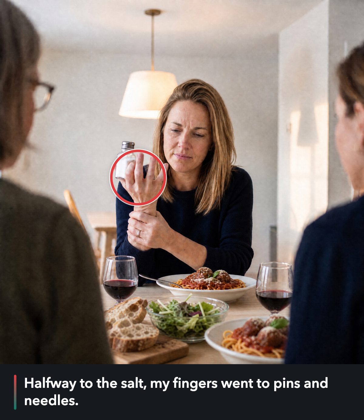 At a dinner table, a woman stares at her stiff fingers around a salt shaker while she grips her wrist