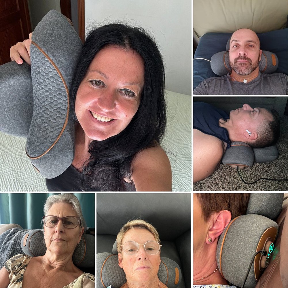 Six photographs FisioRest customers sent in with their reviews: a woman holding the device against her cheek, two men lying back on it, two women resting their heads back on it, and a close-up of the device behind a customer's ear.